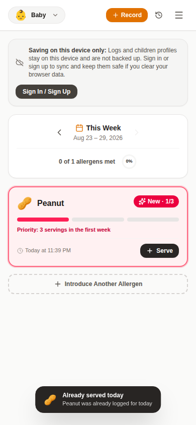 A9 Tracker's dashboard with a Peanut allergen card showing weekly serving progress and a one-tap Serve button