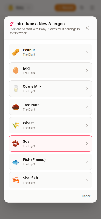 A9 Tracker's Introduce a New Allergen modal, a plain list of the Big 9 allergens to pick from
