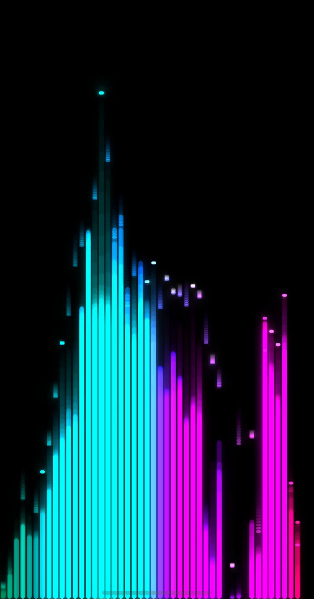 Auralux's Bar Chart visualizer in the Aurora palette, teal fading into magenta