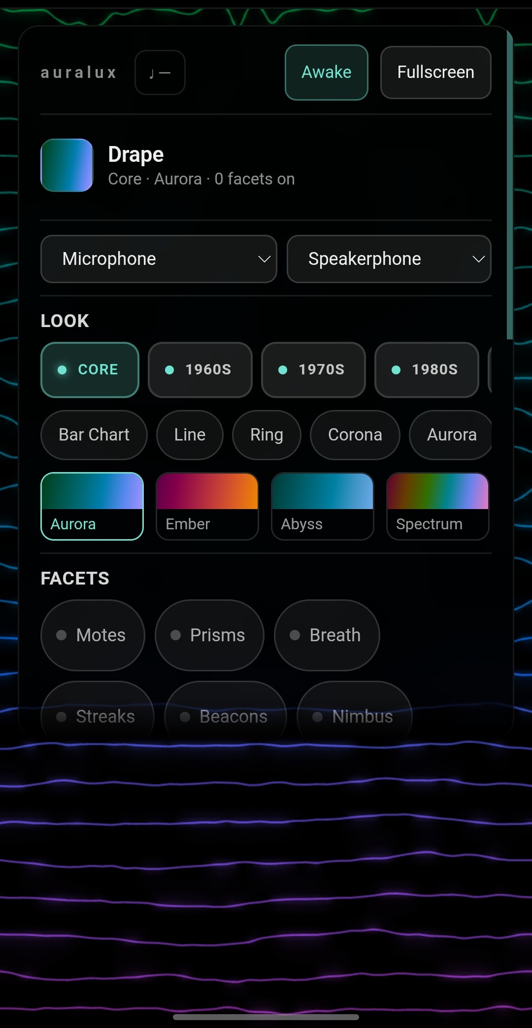 Auralux's menu open, showing the Look panel with vis packs, visualizers, and palettes, and the Facets panel below it