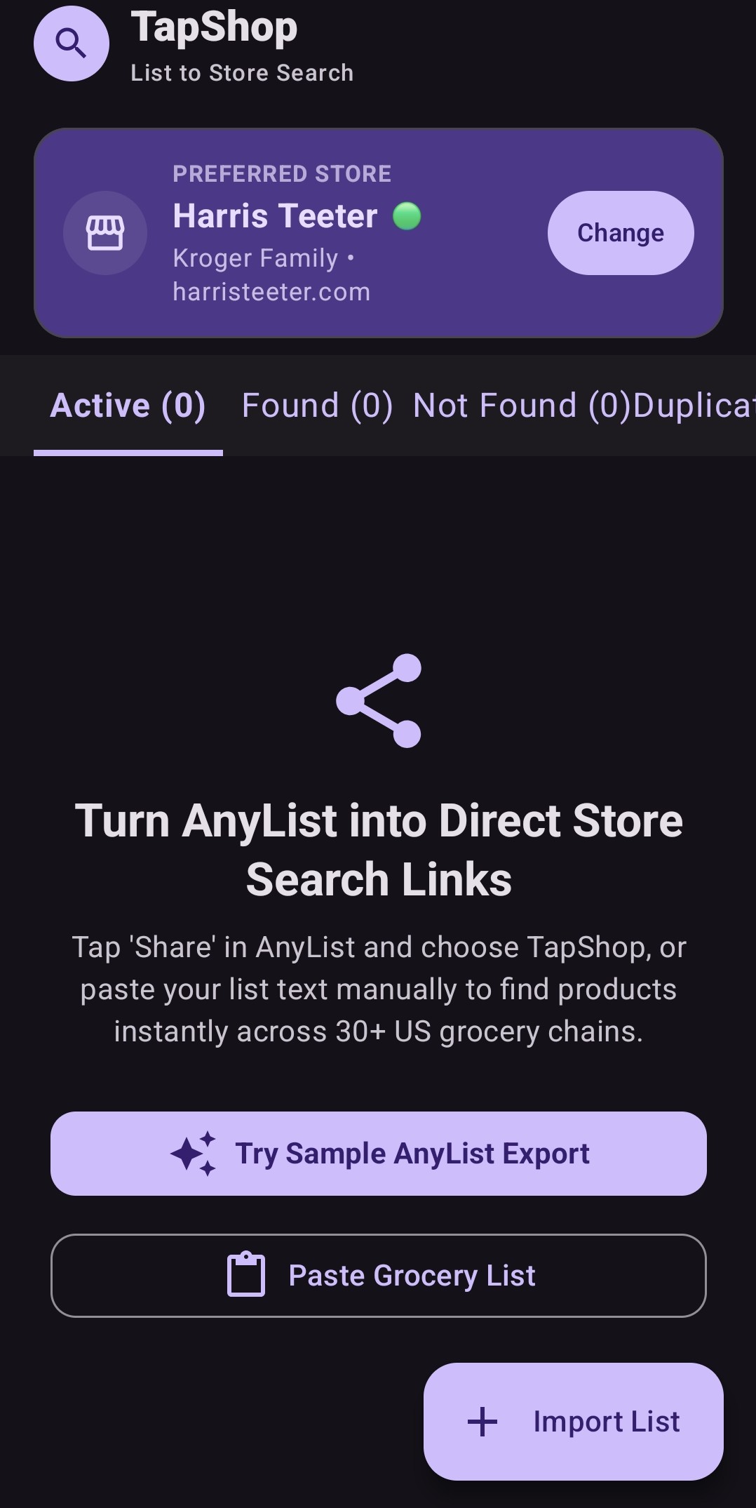 TapShop's empty state, offering to try a sample AnyList export, paste a grocery list manually, or import a list