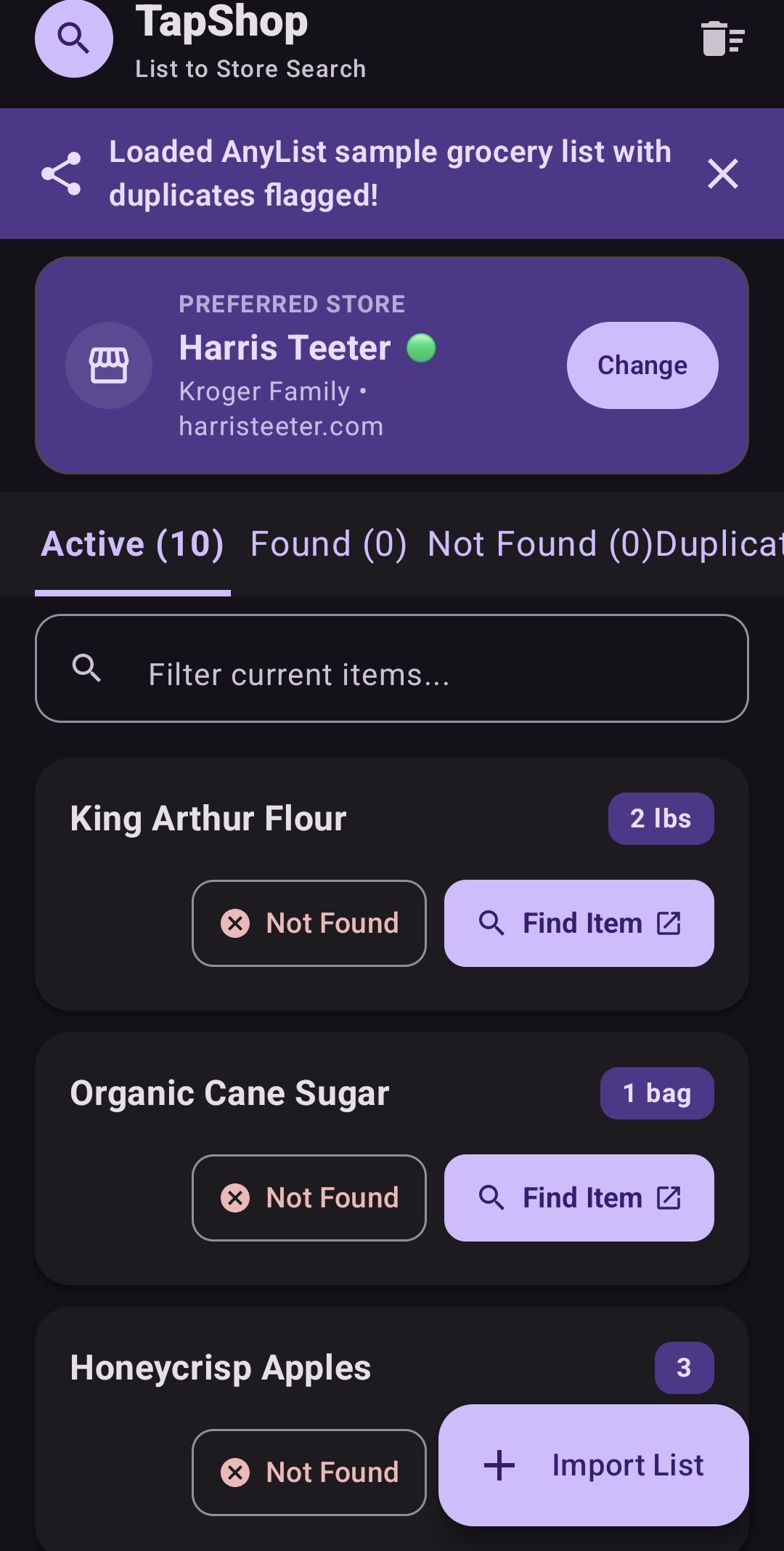 TapShop's list view showing parsed items like King Arthur Flour, Organic Cane Sugar, and Honeycrisp Apples, each with a Find Item button, and Harris Teeter set as the preferred store