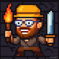 Ted's 8-bit avatar for the documentation quest, a torch-and-sword-wielding adventurer